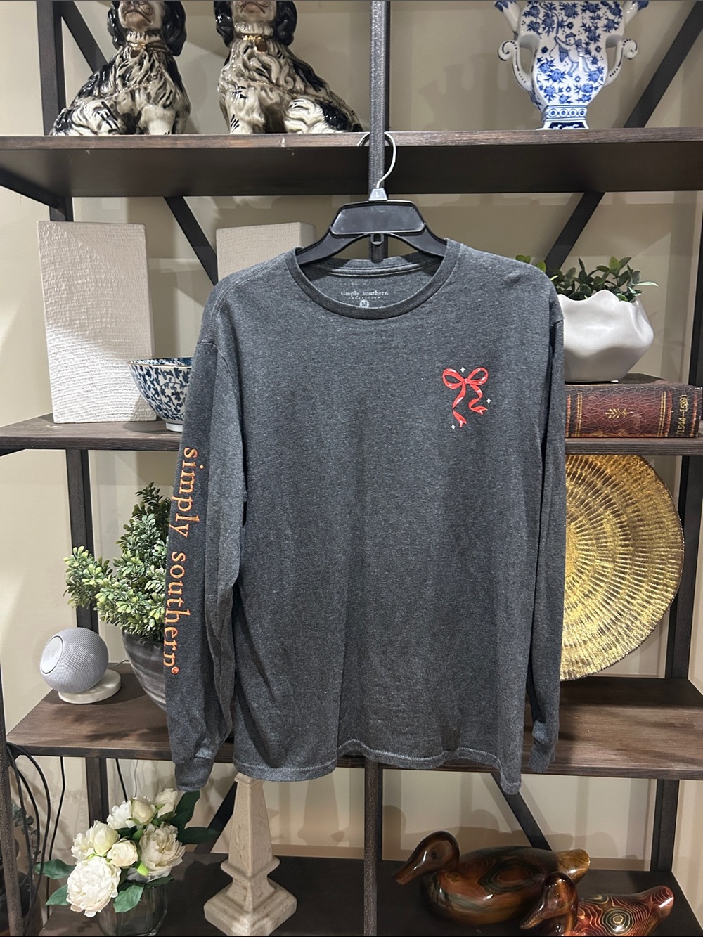Simply Southern medium Charcoal Long Sleeve Tee with Red Bow Accent